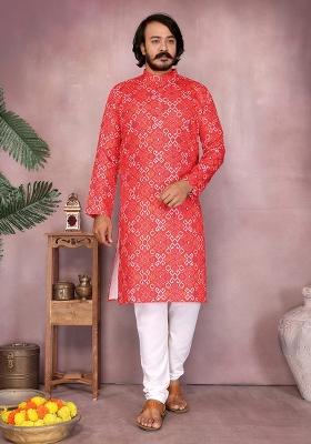 Red Embellished Cotton Kurta Set For Men