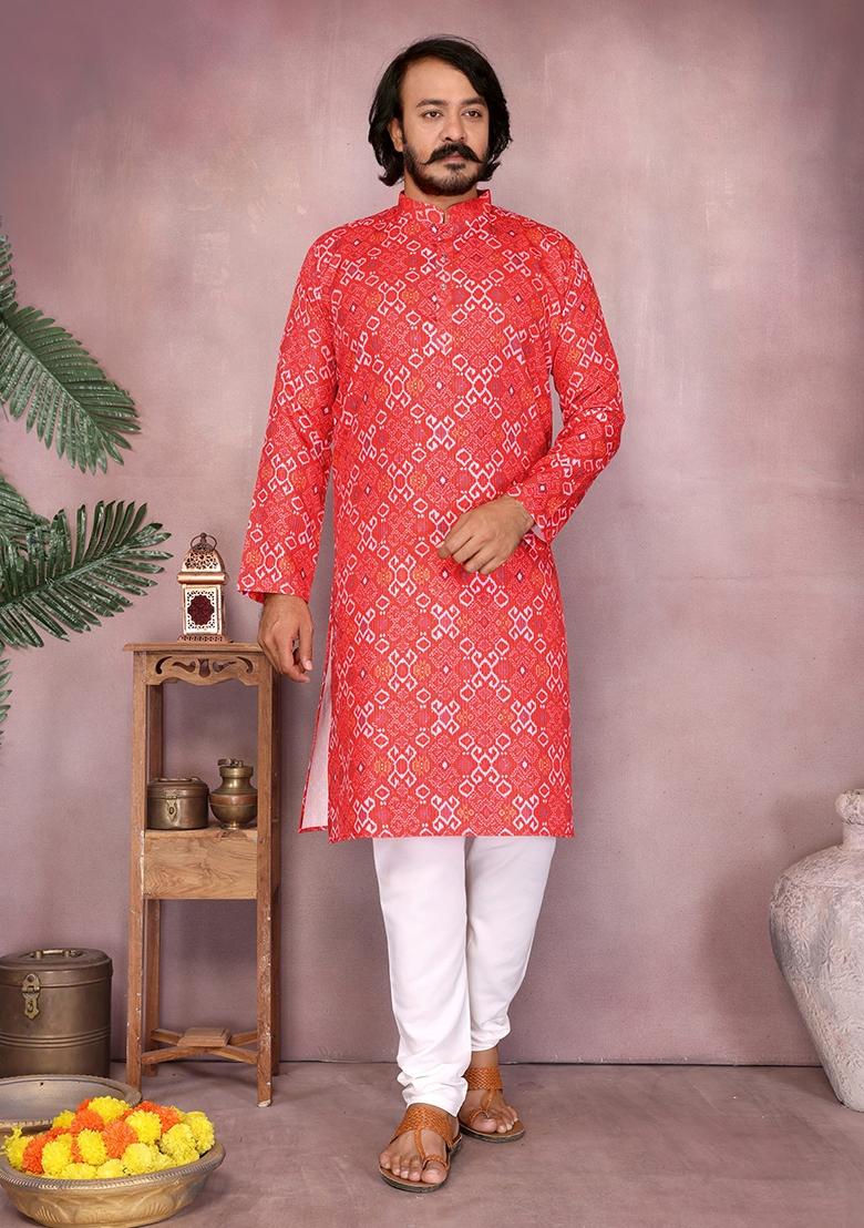Red Embellished Cotton Kurta Set For Men - Indya