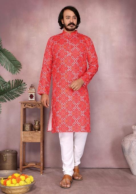 Red Embellished Cotton Kurta Set For Men