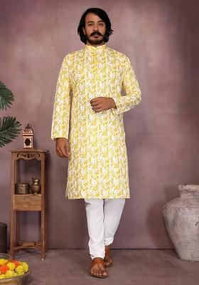 Yellow Embellished Cotton Kurta Set For Men