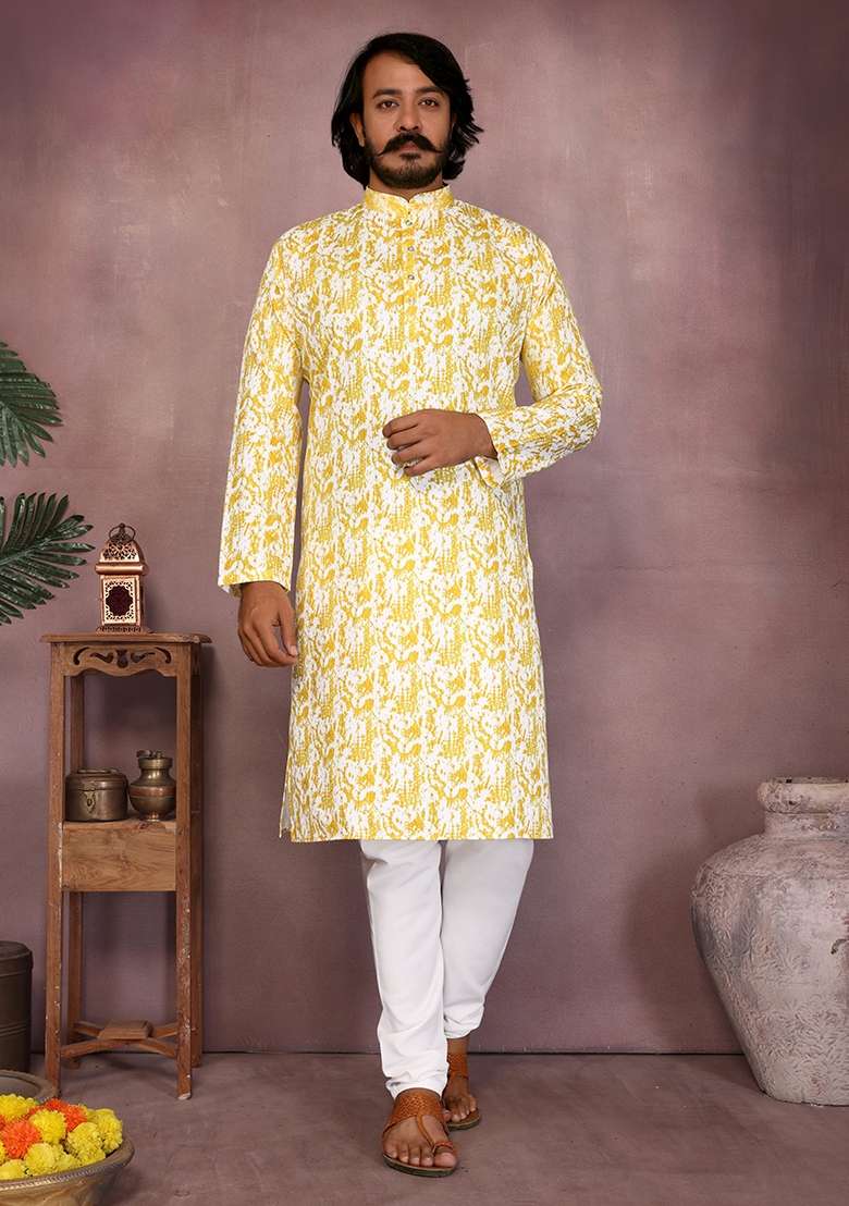 Yellow Embellished Cotton Kurta Set For Men - Indya