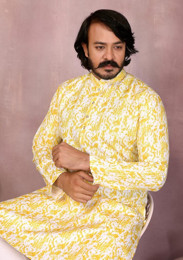 Yellow Embellished Cotton Kurta Set For Men - Indya