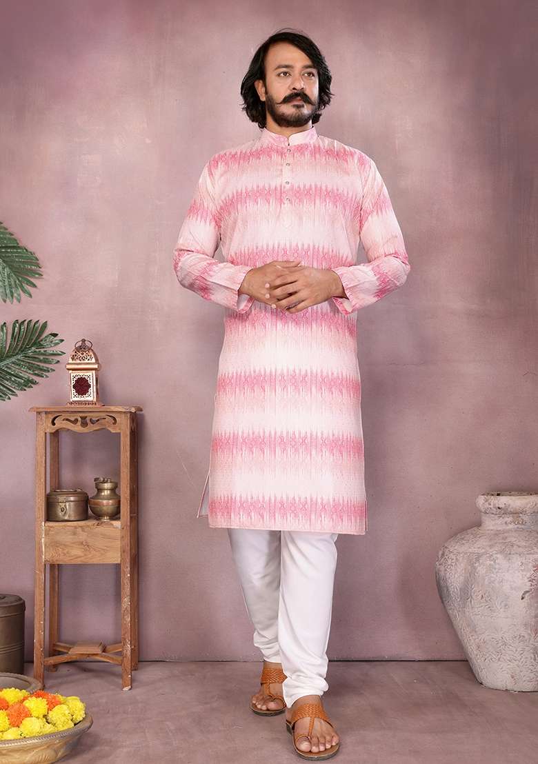 Light Pink Embellished Cotton Kurta Set For Men - Indya