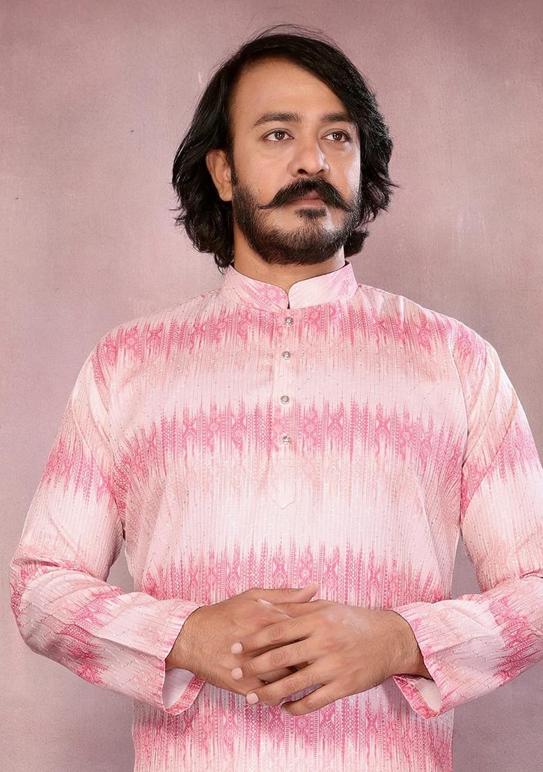 Light Pink Embellished Cotton Kurta Set For Men - Indya