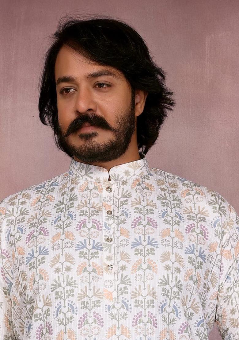 Multi Color Embellished Cotton Kurta Set For Men - Indya