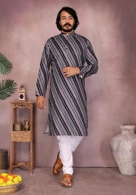 Black Embellished Cotton Kurta Set For Men
