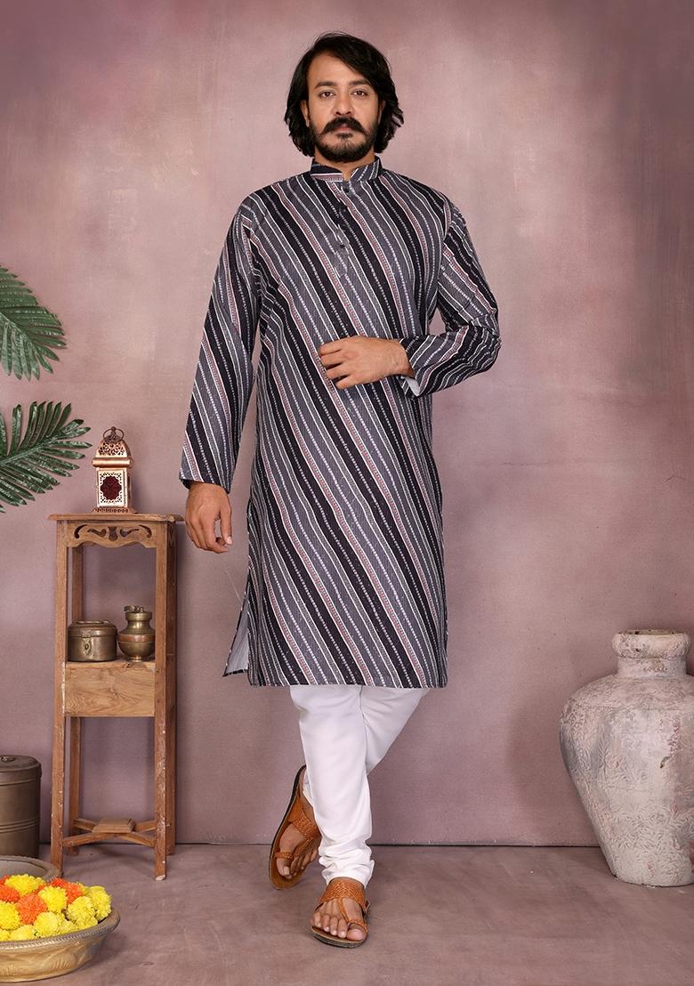 Black Embellished Cotton Kurta Set For Men