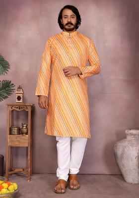 Orange Embellished Cotton Kurta Set For Men