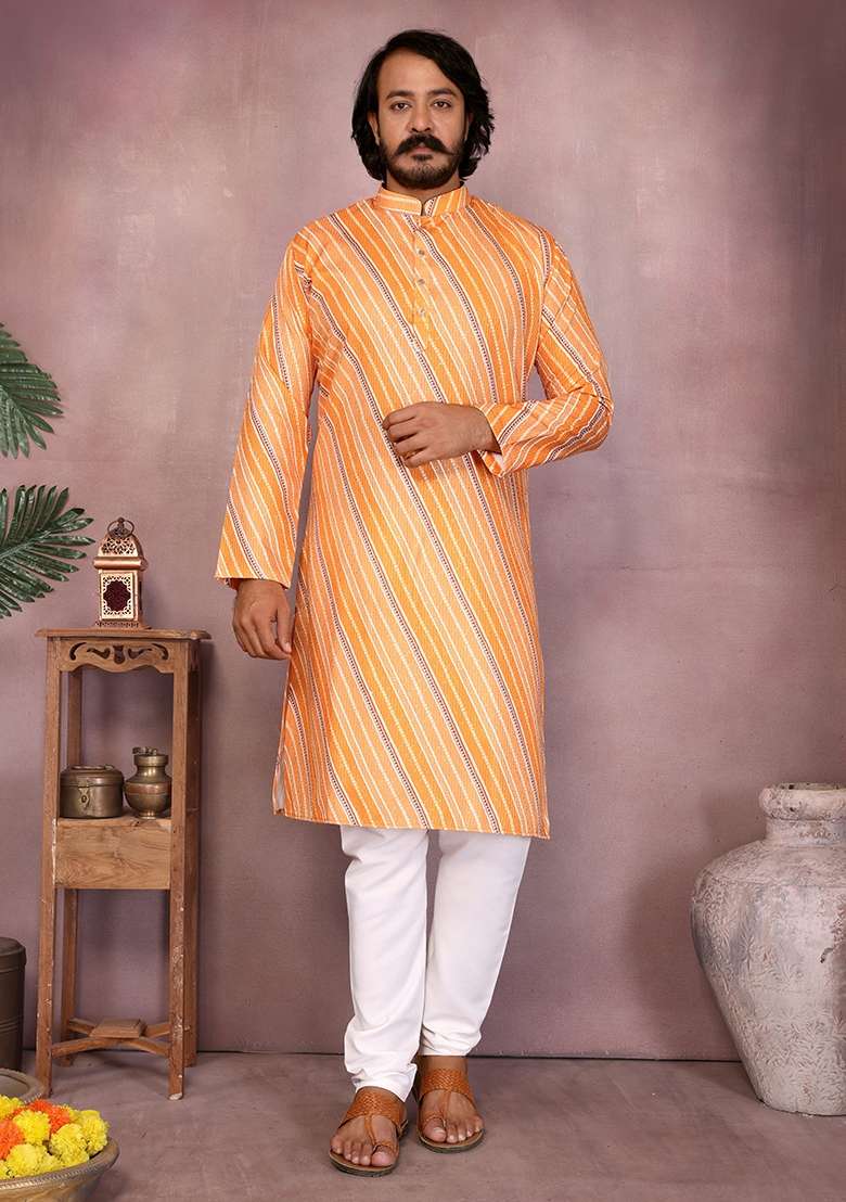 Orange Embellished Cotton Kurta Set For Men - Indya