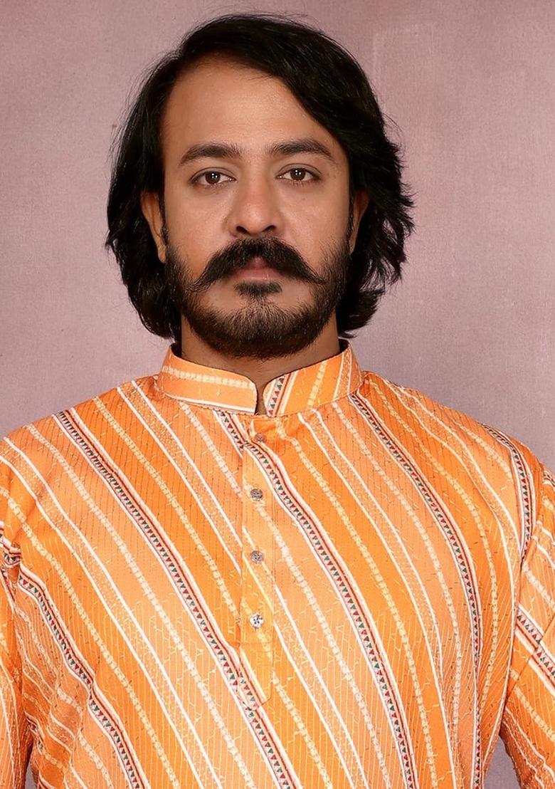 Orange Embellished Cotton Kurta Set For Men - Indya