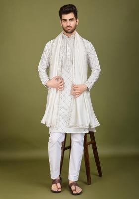 White Embroidered Viscose Silk Kurta Set For Men