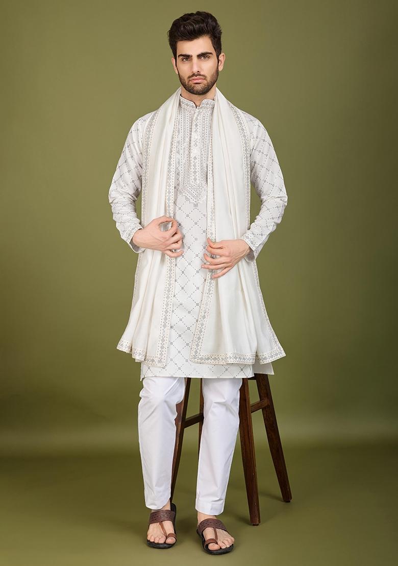 White Embroidered Viscose Silk Kurta Set For Men - Indya