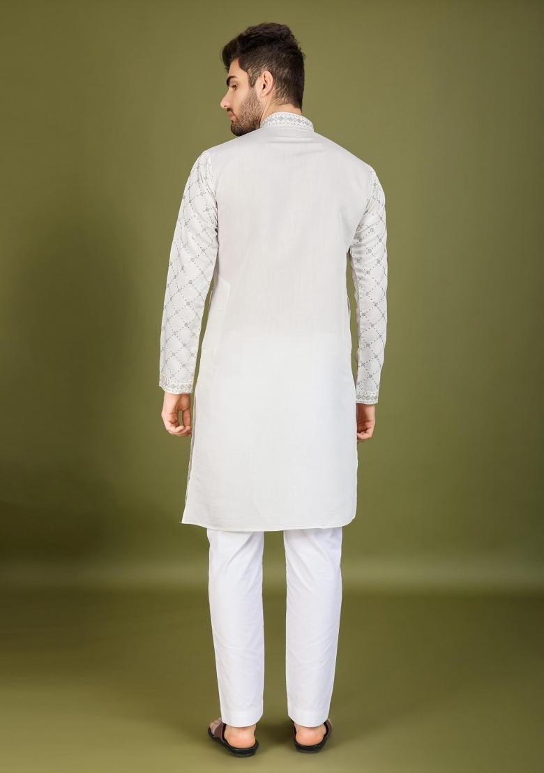 White Embroidered Viscose Silk Kurta Set For Men - Indya