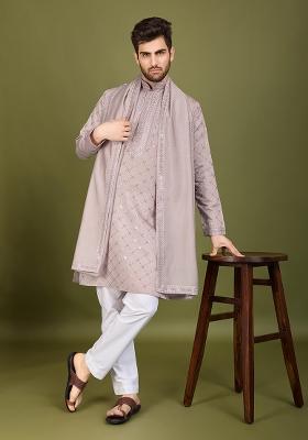 Ivory Embroidered Viscose Silk Kurta Set For Men
