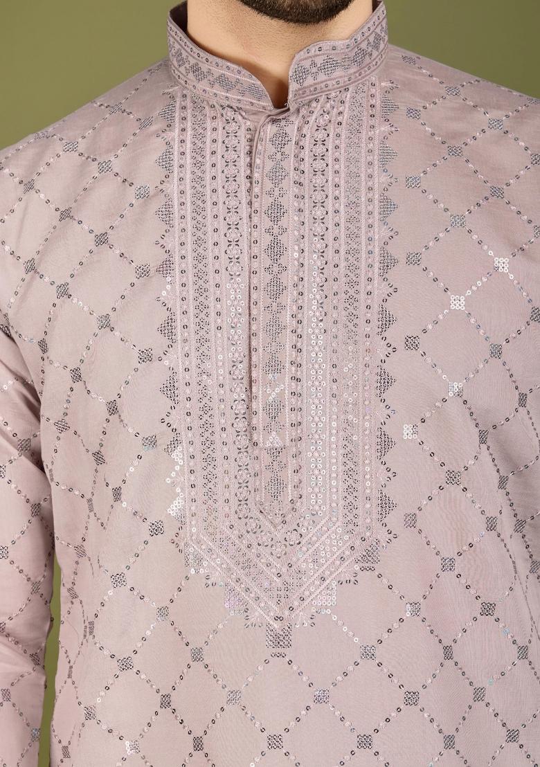 Ivory Embroidered Viscose Silk Kurta Set For Men - Indya