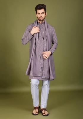 Dusty Peach Embroidered Viscose Silk Kurta Set For Men