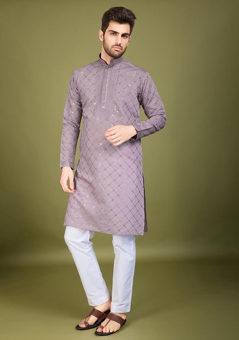 Dusty Peach Embroidered Viscose Silk Kurta Set For Men - Indya
