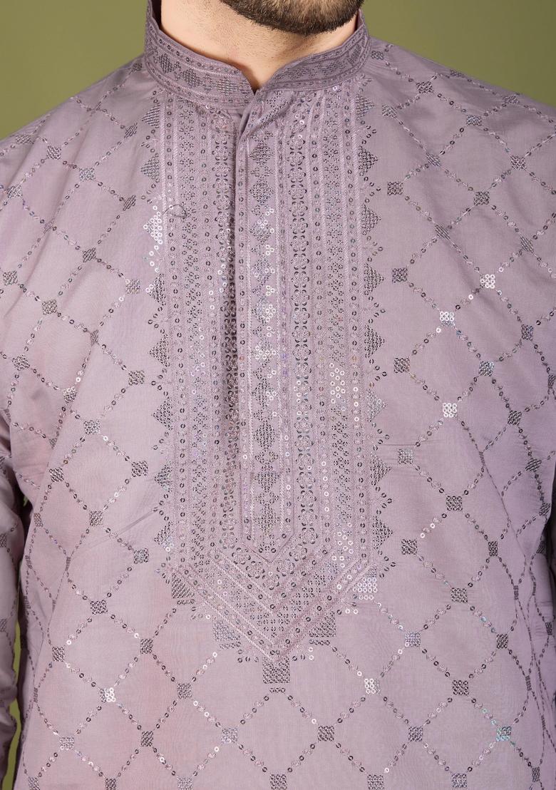 Dusty Peach Embroidered Viscose Silk Kurta Set For Men - Indya