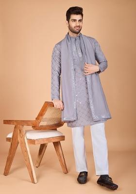 Grey Embroidered Viscose Silk Kurta Set For Men