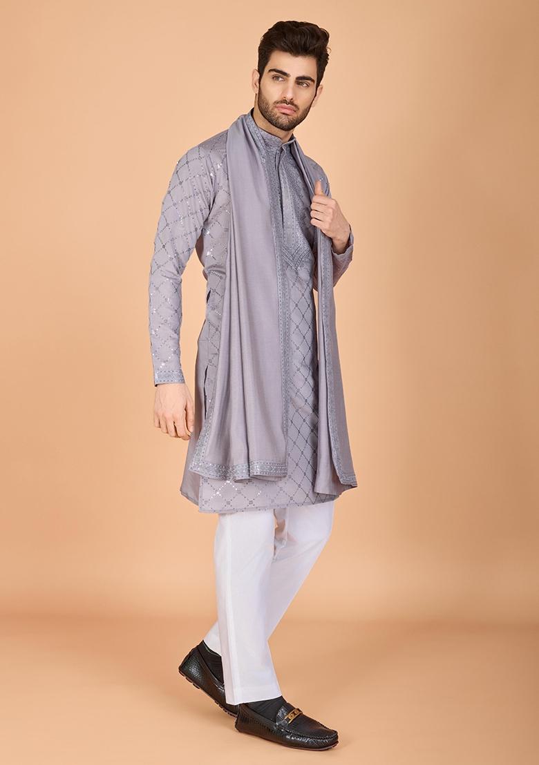 Grey Embroidered Viscose Silk Kurta Set For Men - Indya
