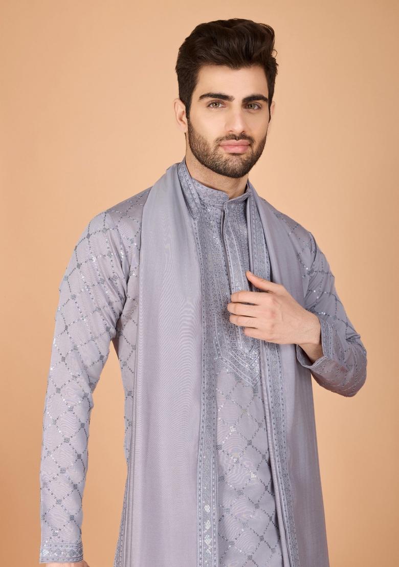 Grey Embroidered Viscose Silk Kurta Set For Men - Indya