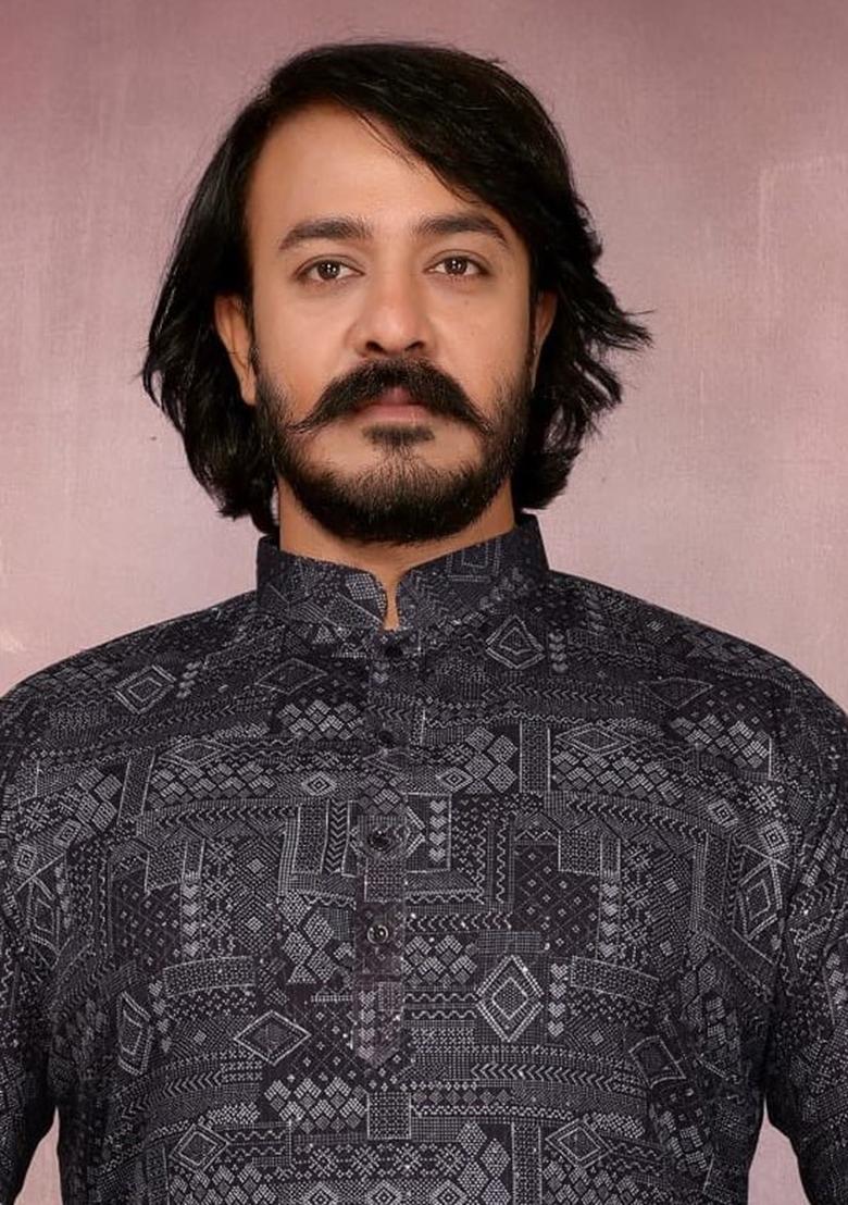 Black Embellished Cotton Kurta Set For Men - Indya