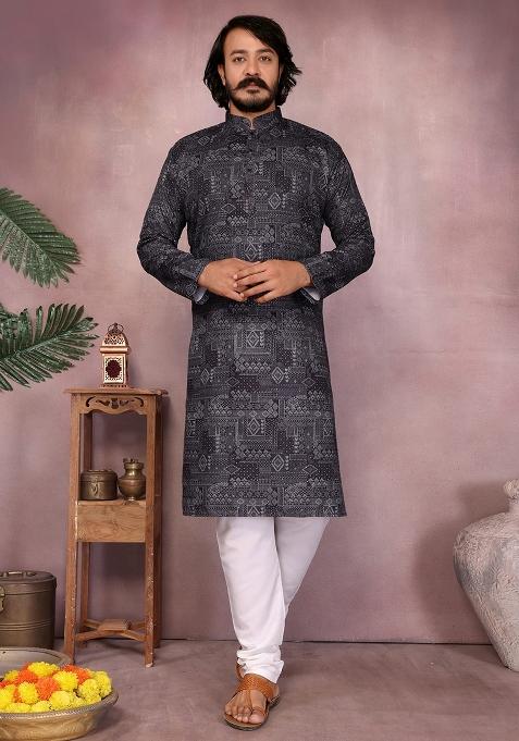 Black Embellished Cotton Kurta Set For Men