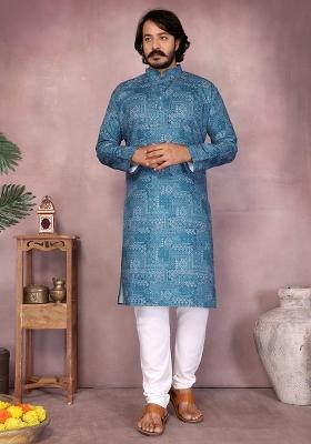 Rama Blue Embellished Cotton Kurta Set For Men