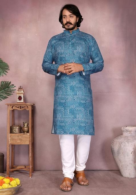 Rama Blue Embellished Cotton Kurta Set For Men