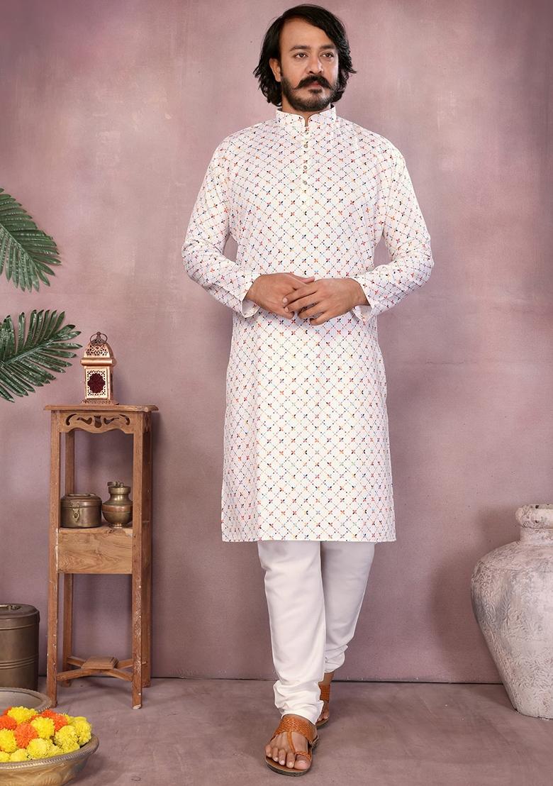 White Embellished Cotton Kurta Set For Men