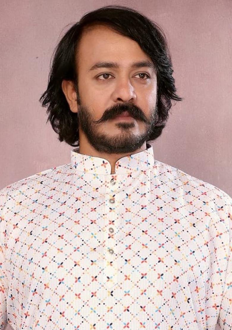 White Embellished Cotton Kurta Set For Men - Indya