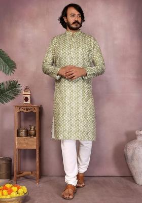 Green Embellished Cotton Kurta Set For Men
