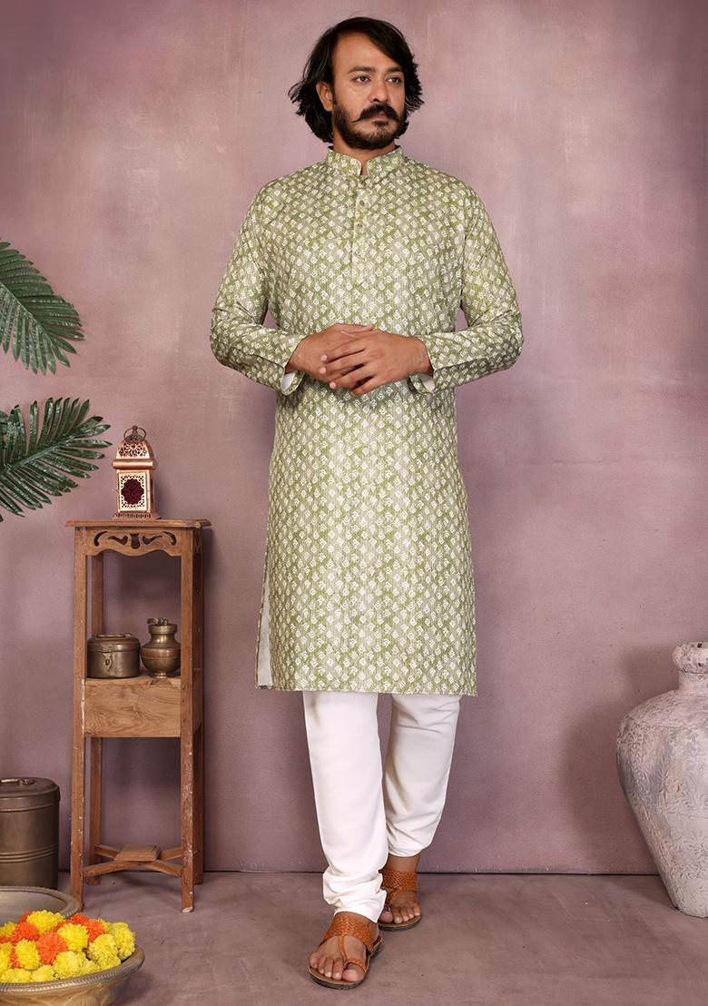 Green Embellished Cotton Kurta Set For Men
