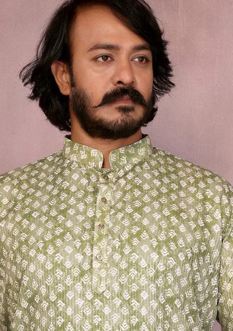 Green Embellished Cotton Kurta Set For Men - Indya