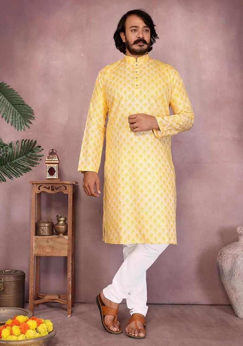 Yellow Embellished Cotton Kurta Set For Men