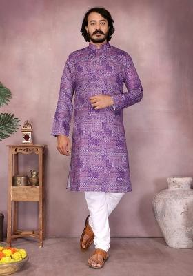 Lavender Embellished Cotton Kurta Set For Men