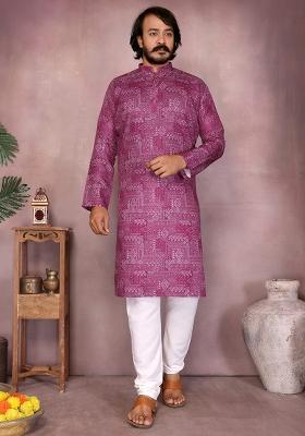 Maroon Embellished Cotton Kurta Set For Men