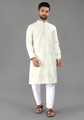 Off White Embellished Cotton Kurta Set For Men