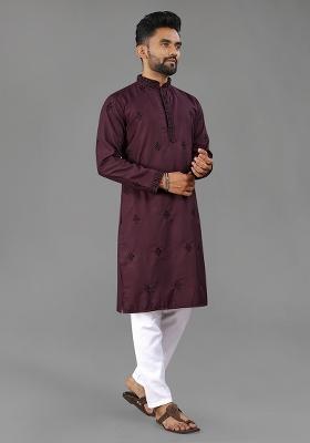 Purple Embellished Cotton Kurta Set For Men
