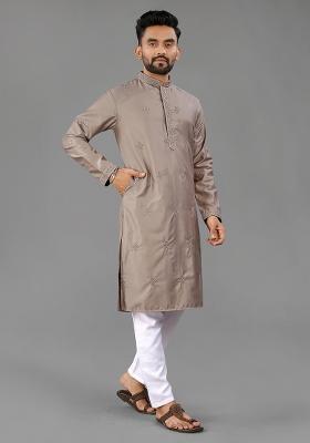 Brown Embellished Cotton Kurta Set For Men