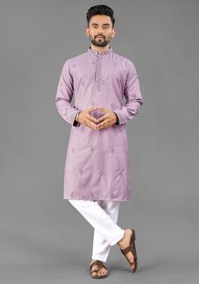 Lavender Embellished Cotton Kurta Set For Men