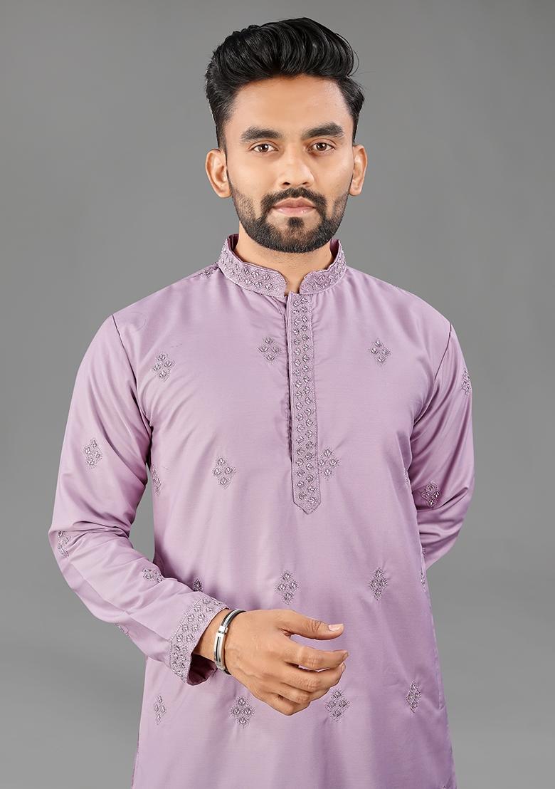 Lavender Embellished Cotton Kurta Set For Men - Indya