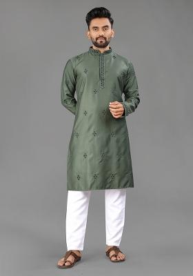 Green Embellished Cotton Kurta Set For Men
