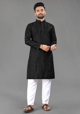 Black Embellished Cotton Kurta Set For Men