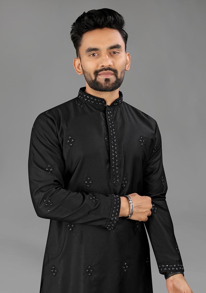 Black Embellished Cotton Kurta Set For Men - Indya