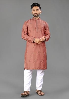 Orange Embellished Cotton Kurta Set For Men