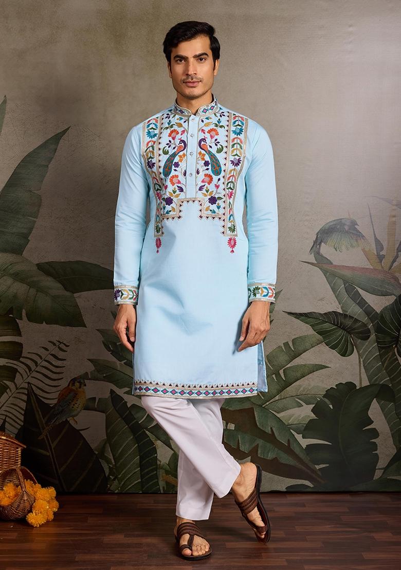 Sky Blue Embroidered Viscose Silk Kurta Set For Men