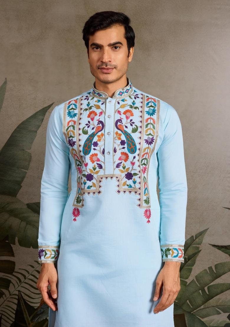 Sky Blue Embroidered Viscose Silk Kurta Set For Men - Indya