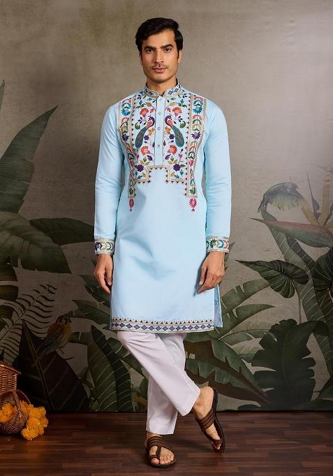 Sky Blue Embroidered Viscose Silk Kurta Set For Men