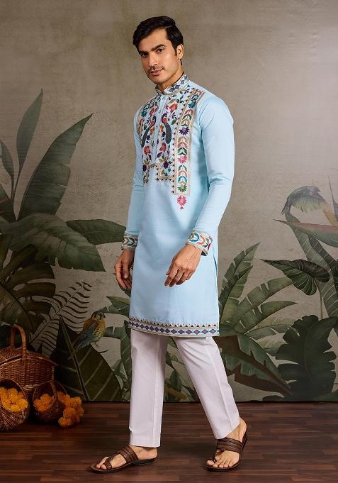 Sky Blue Embroidered Viscose Silk Kurta Set For Men